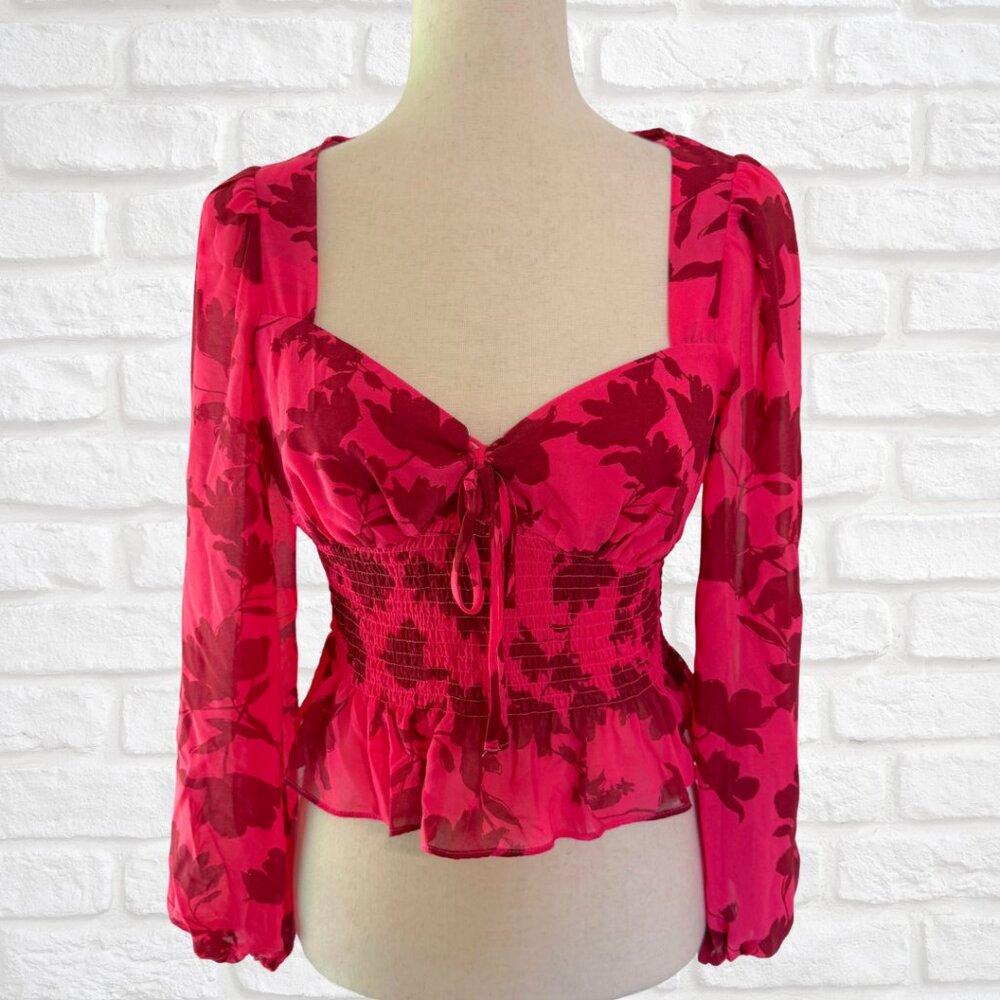 NWT Lush Pink Smocked Sweetheart Semi Sheer Top Peasant Milkmaid Long Sleeve S